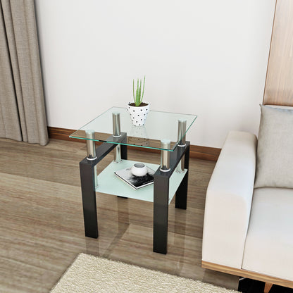 Modern Tempered Glass Tea Table, End Square Table For Living Room - Transparent / Black