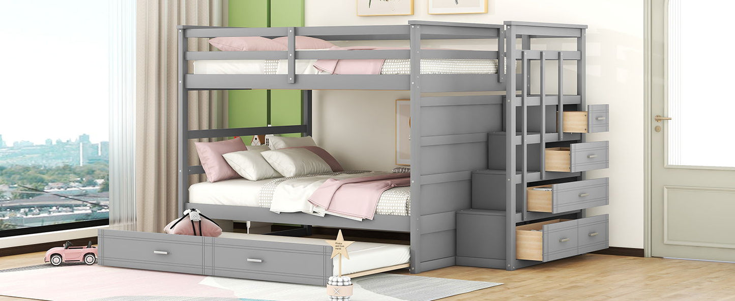 Full Over Full Bunk Bed With Twin Size Trundle And Staircase - Gray