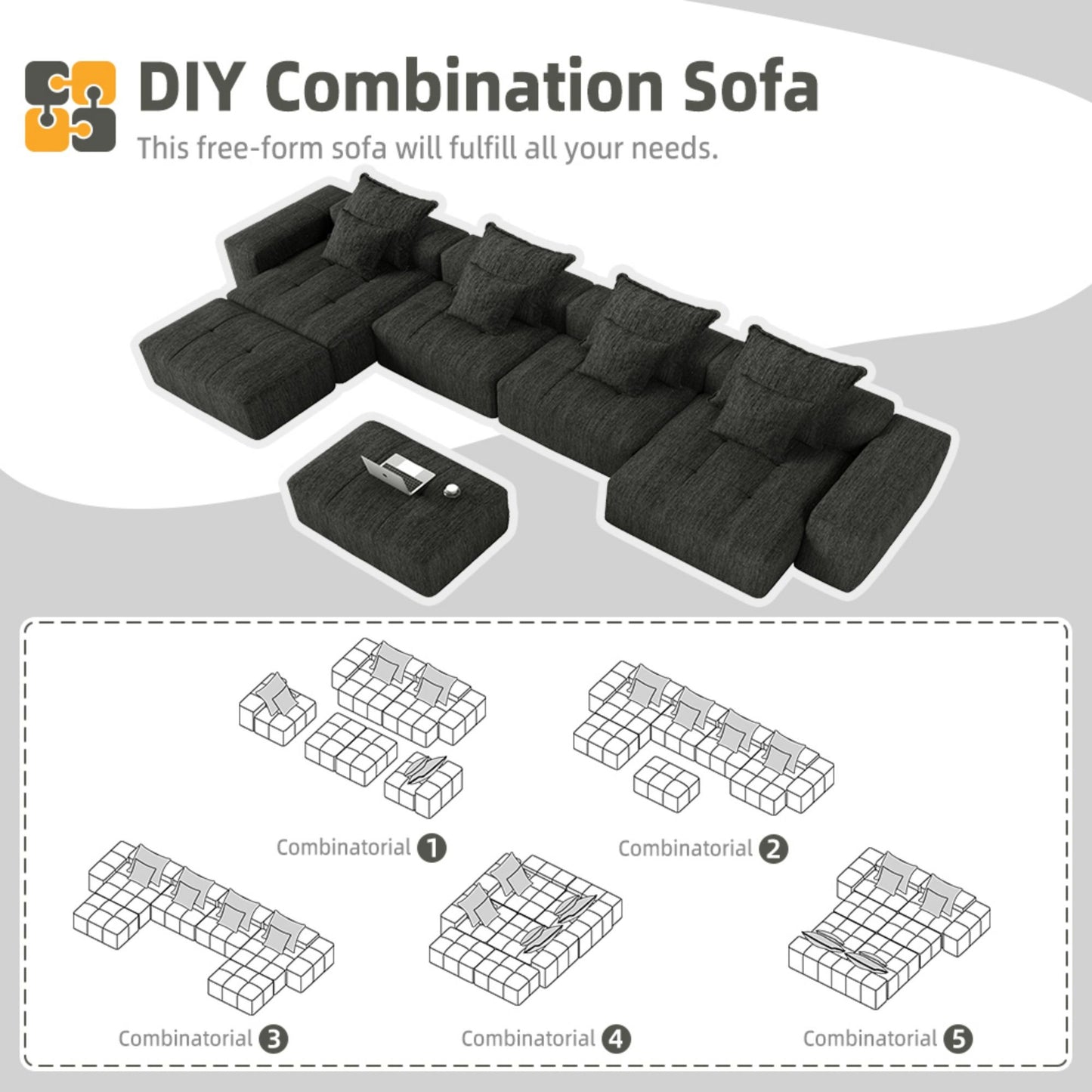Modern Oversized Modular Sectional Sofa, Sparkling Chenille Fabric Soft Cushion Sofa With 8 Pillows, 8 Pieces Diy Combination Tufted Sofa, No Assembly Required - Black