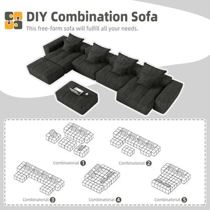 Modern Oversized Modular Sectional Sofa, Sparkling Chenille Fabric Soft Cushion Sofa With 8 Pillows, 8 Pieces Diy Combination Tufted Sofa, No Assembly Required - Black