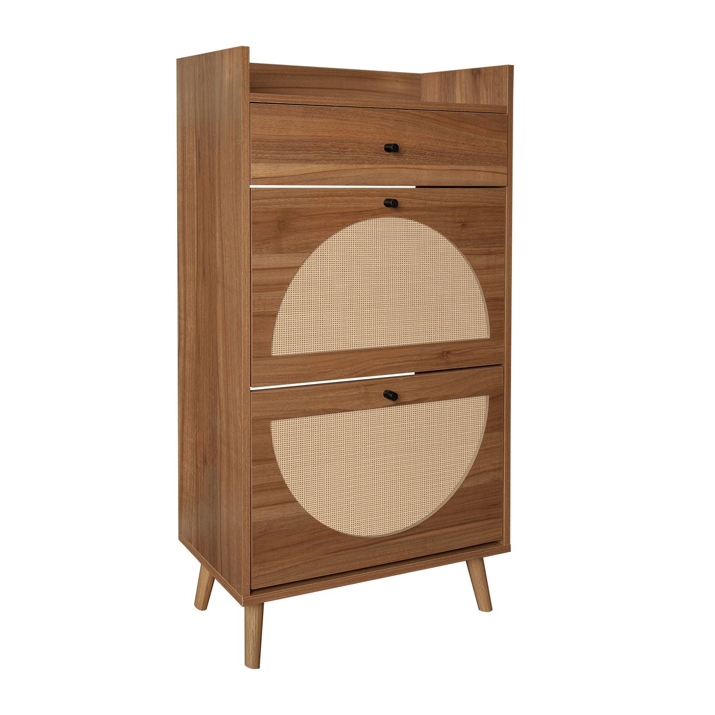 Allen - Rattan 2 Door 1 Drawer Cabinet Shoe Rack For Entrance, Double Layer - Walnut