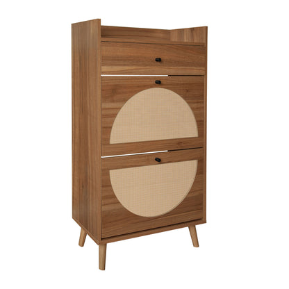 Allen - Rattan 2 Door 1 Drawer Cabinet Shoe Rack For Entrance, Double Layer - Walnut