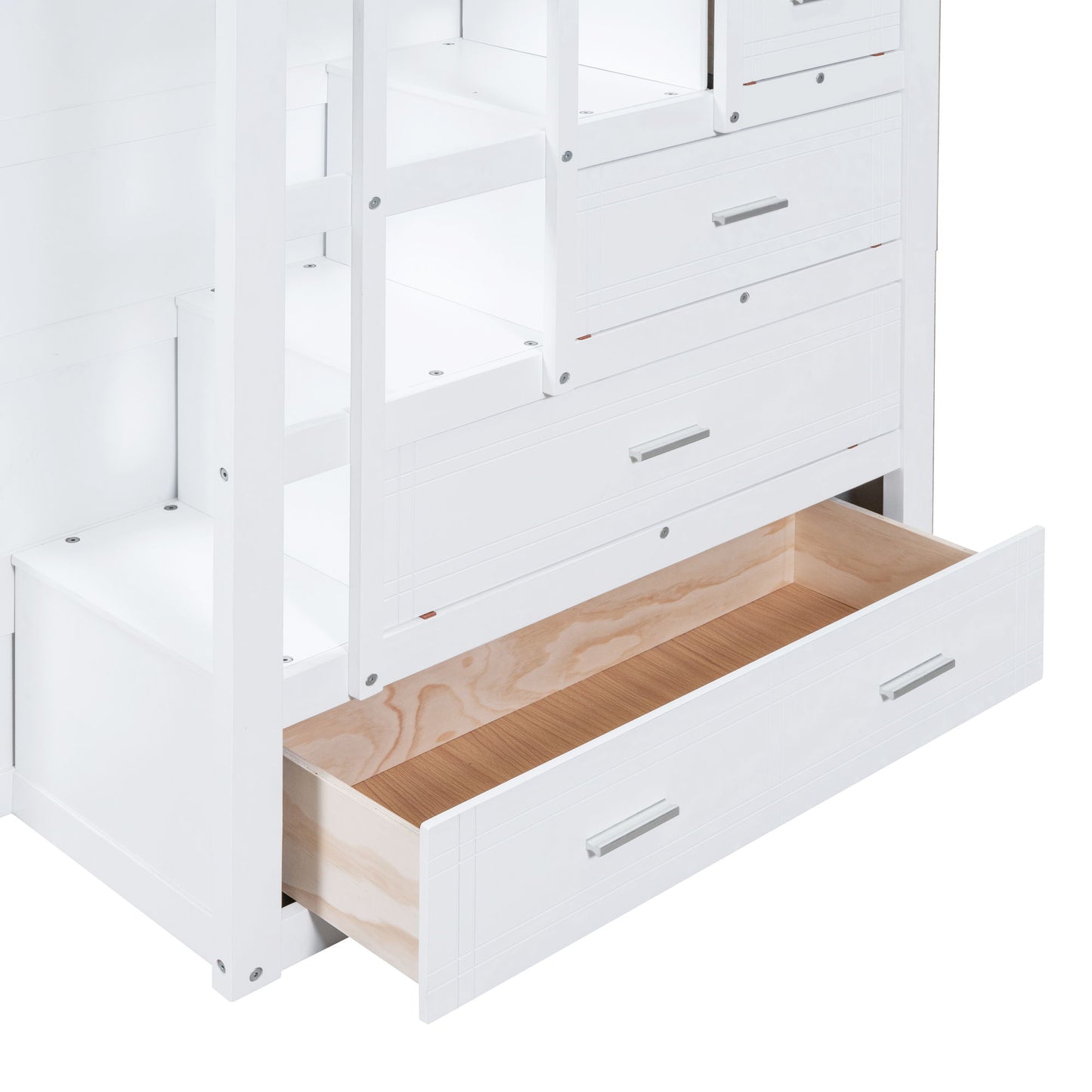 Full Over Full Bunk Bed With Twin Size Trundle And Staircase - White