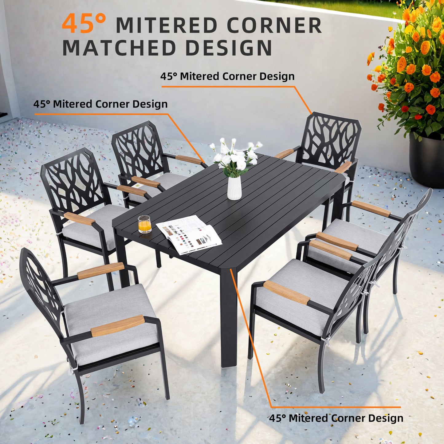 7 Pieces Outdoor Patio Furniture Set, Modern Dining Set With 6 Dining Chairs Sunbrella Fabric, Rectangular Table With Umbrella Hole - Bourbon Brown
