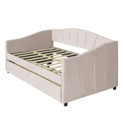 Twin Size Upholstered Daybed With Two Drawers And Slat - Beige
