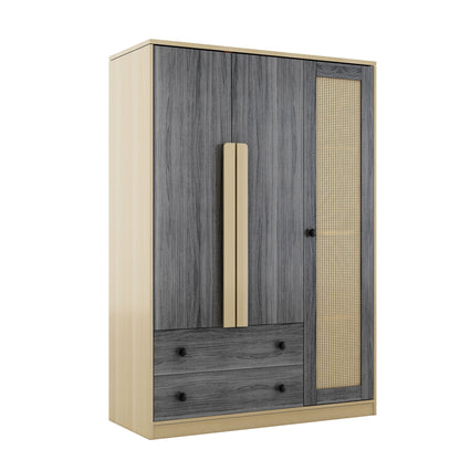 3 Doors Rattan Wardrobe Storage For Bedroom, With 2 Drawers - Gray / Nature