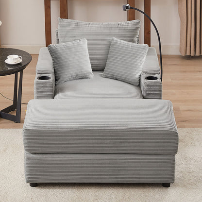 Modern Style Single Sofa Sofa Couch With Storage Space, A Movable Ottoman, Two USB Ports, Two Cup Holders, A Phone Holder For Living Room - Gray