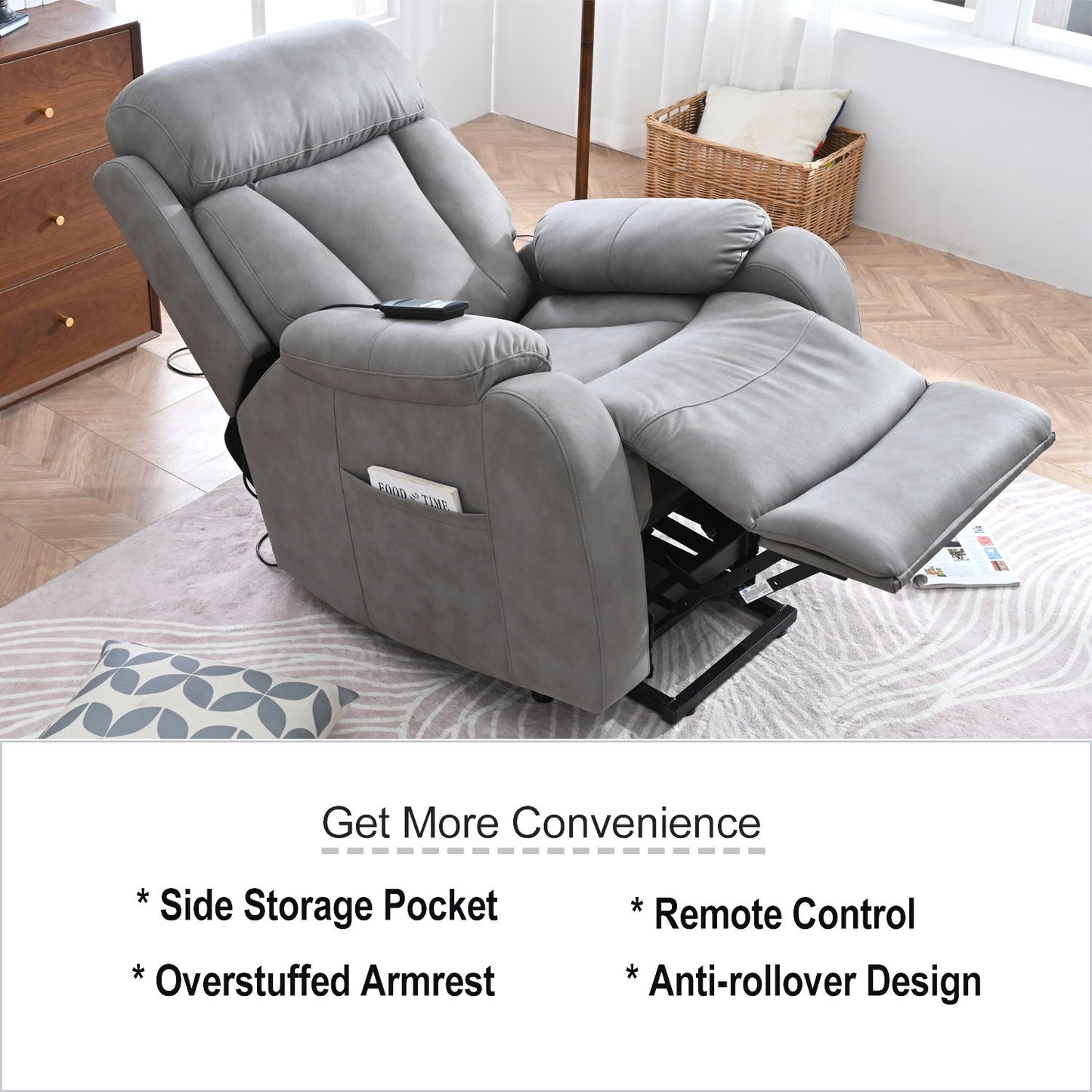 Electric Power Lift Recliner Chair, Fabric Recliner Chair, Home Theater Seating, Living Room Chair, Side Pocket, Remote Control - Light Gray