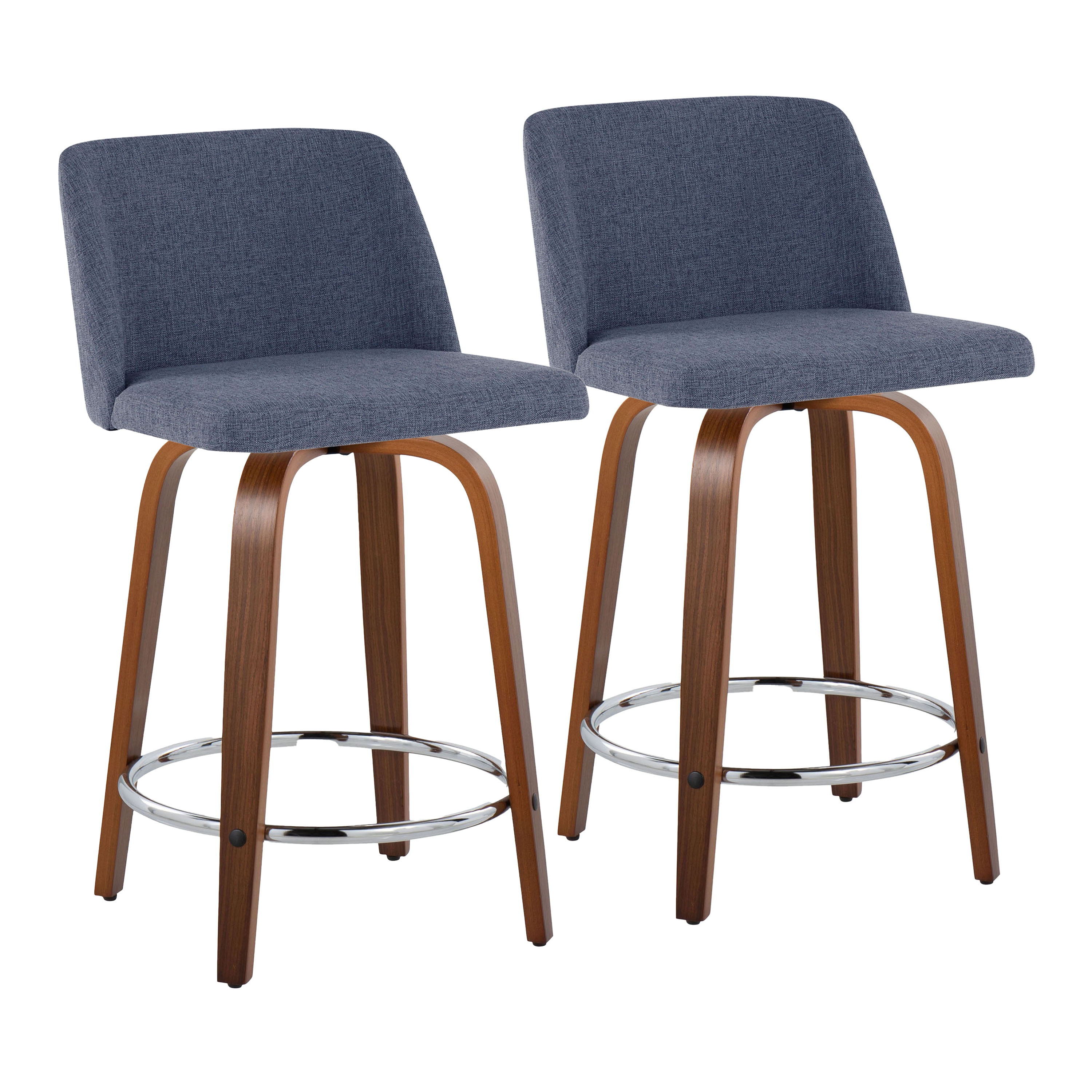 Toriano - Mid-Century Modern Fixed Height Counter Stool With Swivel With Round Footrest (Set of 2) - Walnut / Blue
