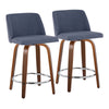 Toriano - Mid-Century Modern Fixed Height Counter Stool With Swivel With Round Footrest (Set of 2) - Walnut / Blue