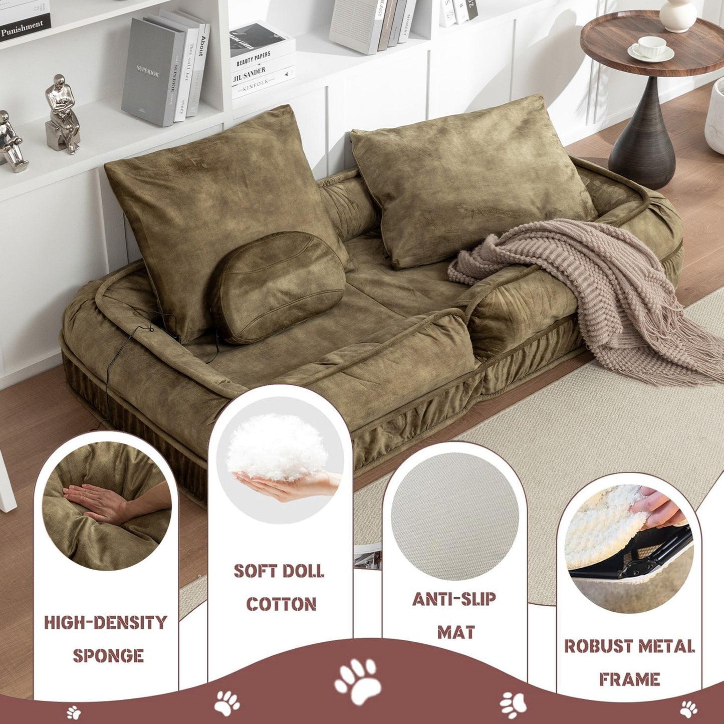 Upholstered Human Dog Bed And Pets Bean Bag Floor Sofa With Massage Pillow, 5 Adjustable Positions & 2 Soft Pillows Velvet With Foam And Iron Plastic Frame - Green