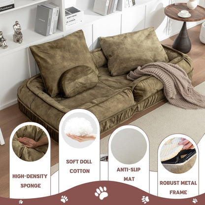 Upholstered Human Dog Bed And Pets Bean Bag Floor Sofa With Massage Pillow, 5 Adjustable Positions & 2 Soft Pillows Velvet With Foam And Iron Plastic Frame - Green