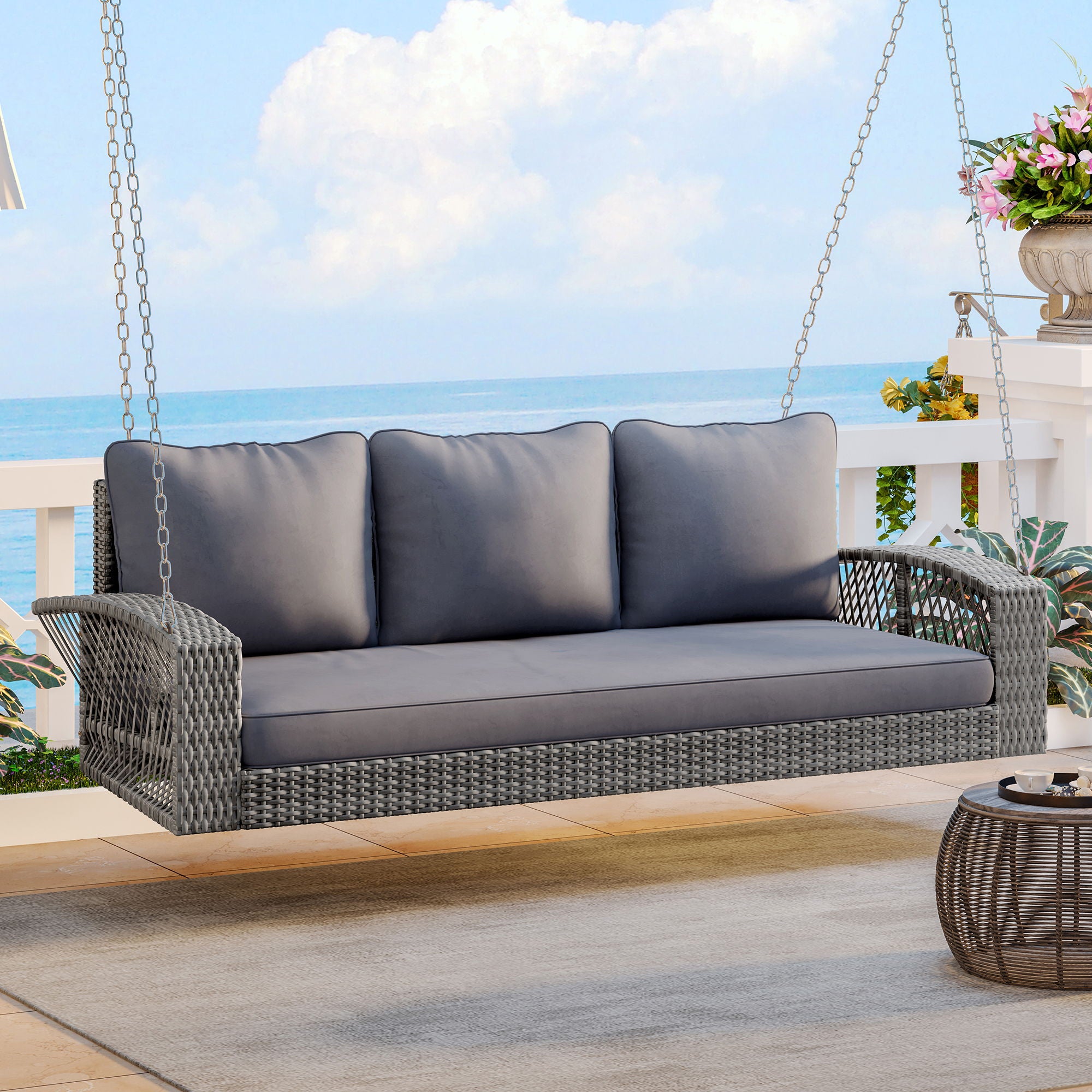 3 Person Porch Swing With Chains, Large Patio Swing Bench With Cushions For Backyard, Garden, And Poolside - Gray
