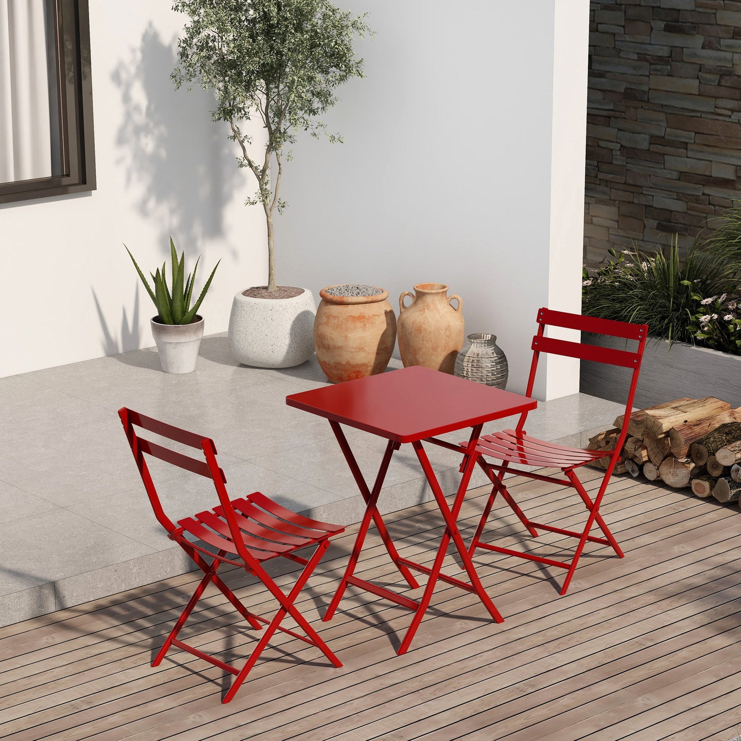 3 Piece Patio Bistro Set Of Foldable Square Table And Chairs - Red