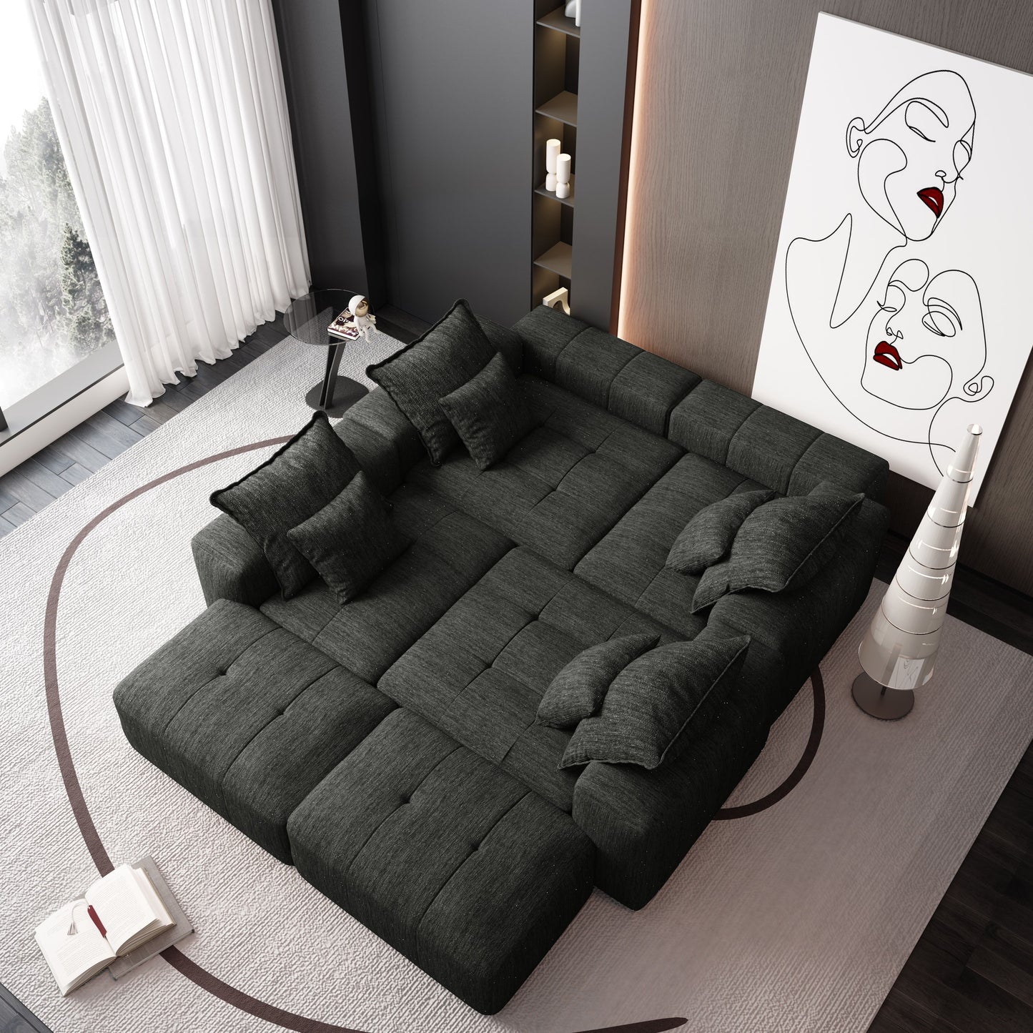 Modern Oversized Modular Sectional Sofa, Sparkling Chenille Fabric Soft Cushion Sofa With 8 Pillows, 8 Pieces Diy Combination Tufted Sofa, No Assembly Required - Black