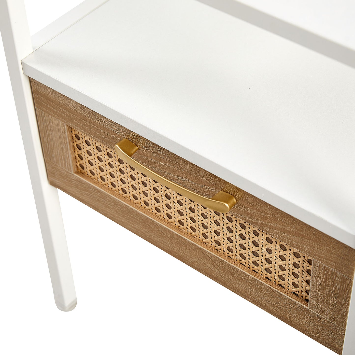 Rattan End Table With Drawer, Modern Nightstand, Metal Legs, Side Table For Living Room, Bedroom (Set of 2)- White