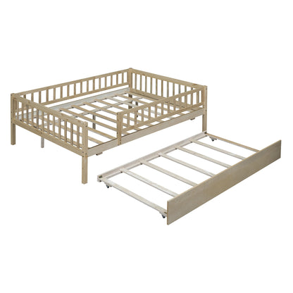 Full Size Daybed With Trundle And Fence Guardrails - Natural
