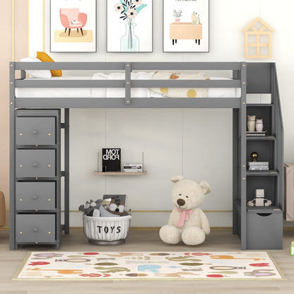 Twin Size Loft Bed With Storage Drawers And Stairs With Shelves - Gray