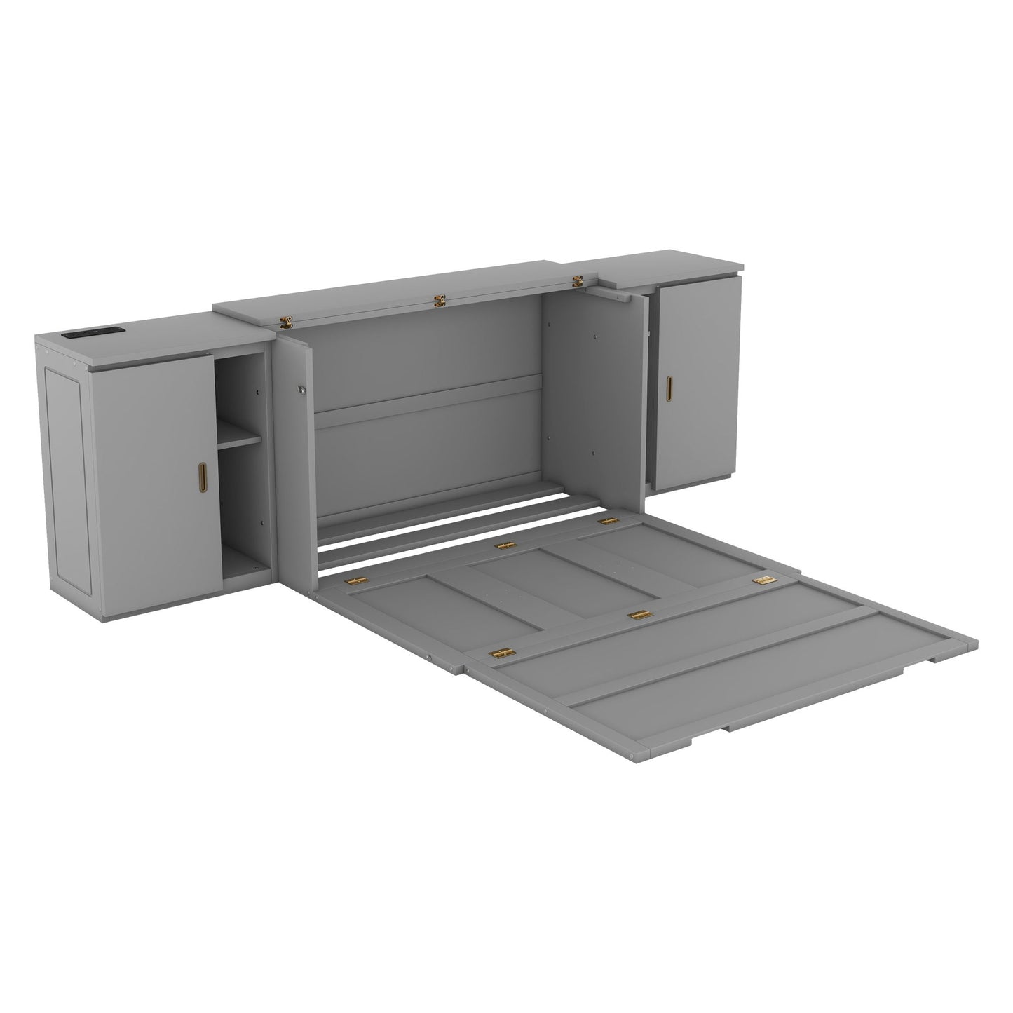Full Size Murphy Bed With Shelves, Cabinets And USB Ports - Gray