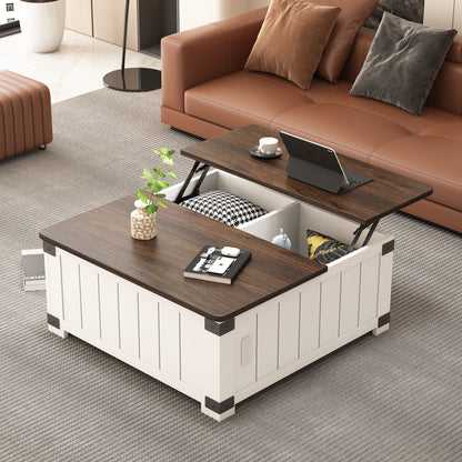 Farmhouse Style Lift Top Coffee Table With Storage And Charging Station - White Wood