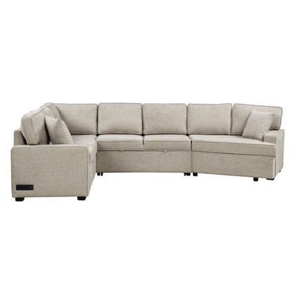 L-Shaped Sofa Sectional Sofa Couch Pull-Out Sofa Bed With Charging Devices And Cup Holders For Living Room - Beige