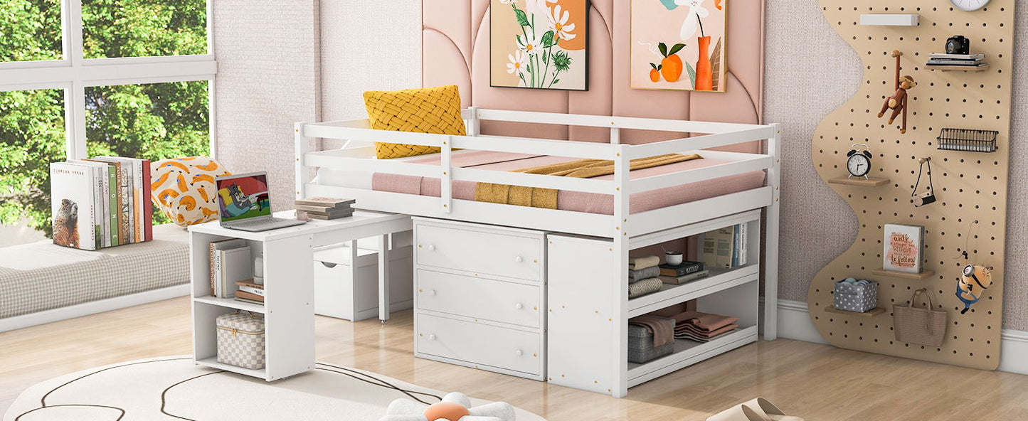 Full Size Loft Bed With Retractable Writing Desk And 3 Drawers With Storage Stairs And Shelves - White