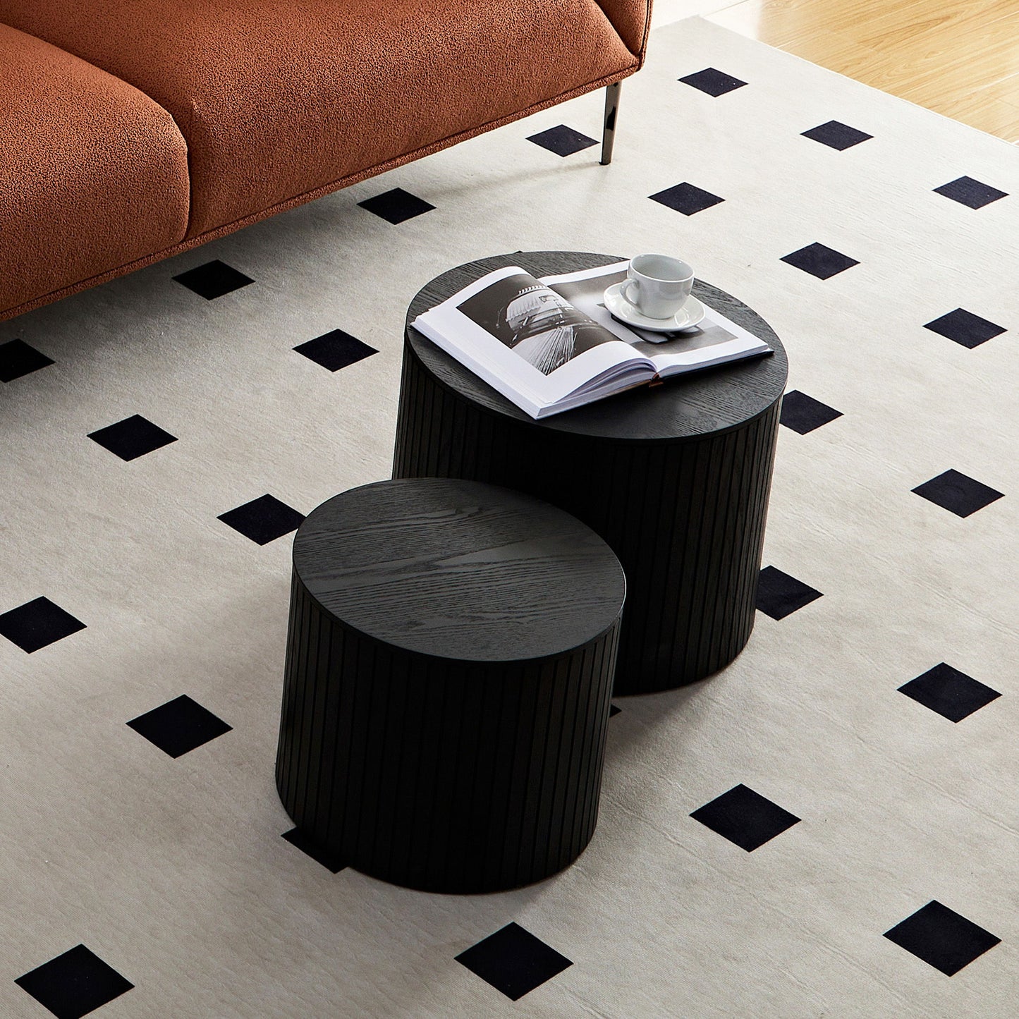 Modern Nesting Coffee Table Set With Walnut Veneer - 2 Pieces For Living Room - Black