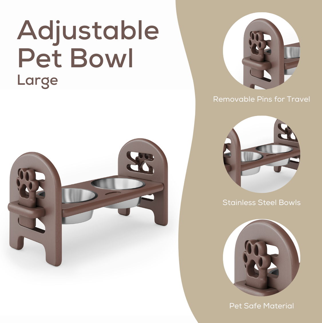 Adjustable Pet Bowl Travel Ready HDPE Durable Poly Lumber Recycled - Brown