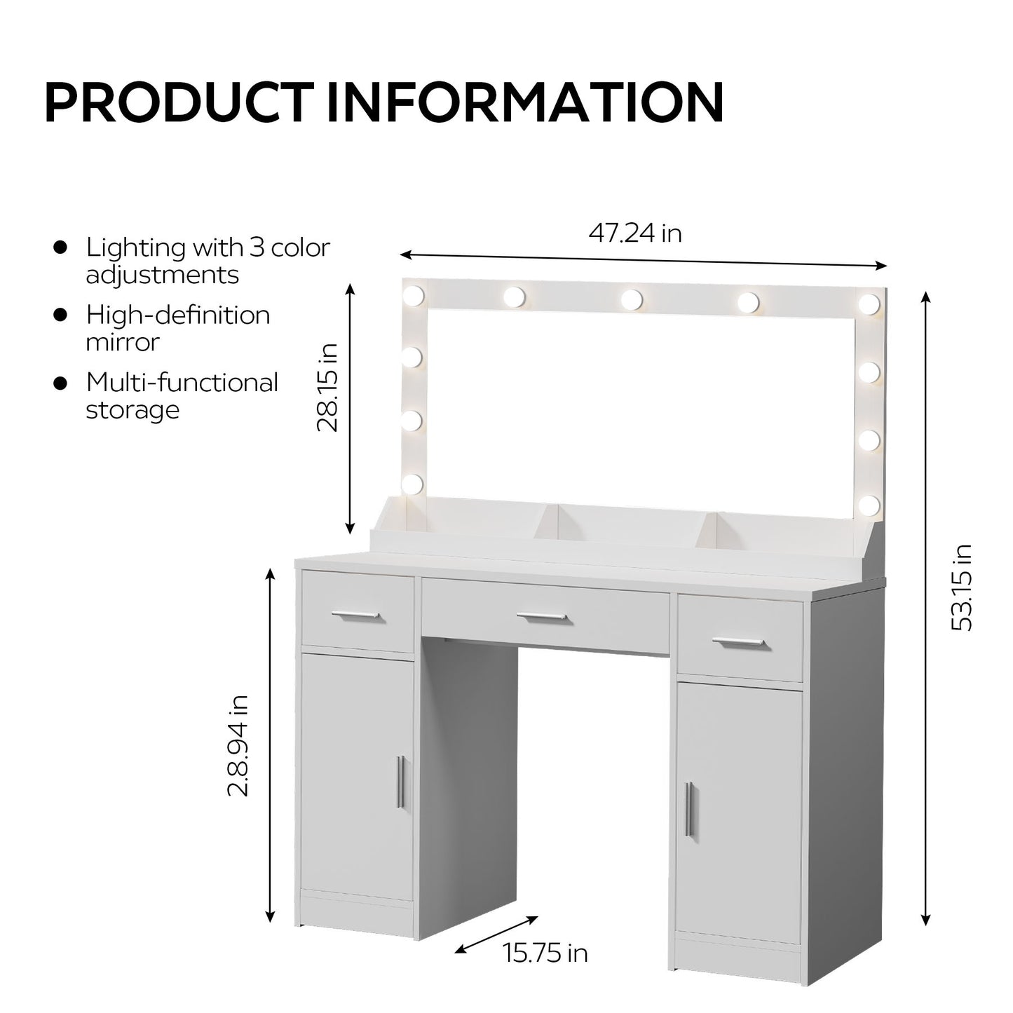 47.2" Vanity Desk With Large Mirror, 3 Colour Lighting Modes, Adjustable Brightness, Dresser With 3 Drawers & 2 Vertical Cabinets, Makeup Vanity Table For Women & Girls - White