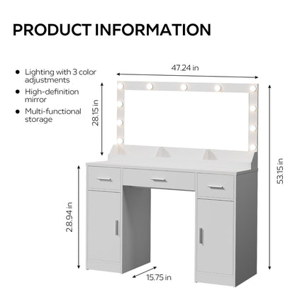 47.2" Vanity Desk With Large Mirror, 3 Colour Lighting Modes, Adjustable Brightness, Dresser With 3 Drawers & 2 Vertical Cabinets, Makeup Vanity Table For Women & Girls - White