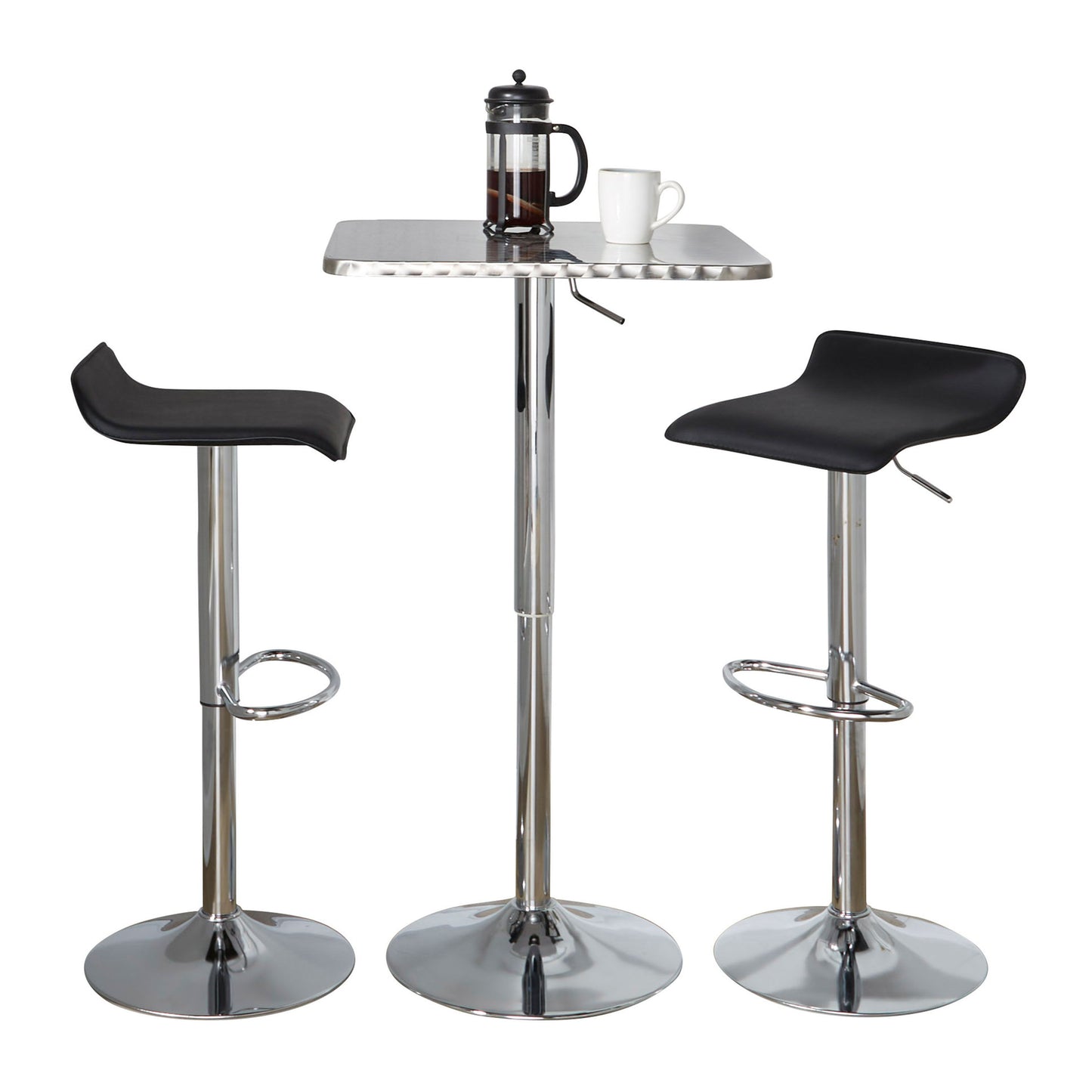 Ale - 3 Piece Bar Set Bistro Square Contemporary Adjustable Oval Footrest - Silver / Chrome - Black