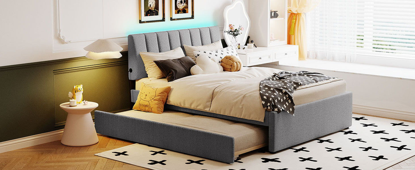 Full Size Upholstered Platform Bed With Twin Size Trundle - Gray
