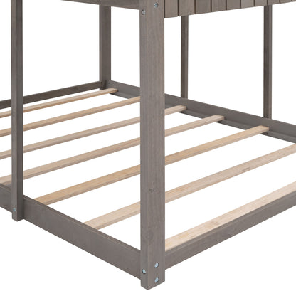 Full Over Full Bunk Bed With Roof, Window, Guardrail, Ladder - Antique Gray