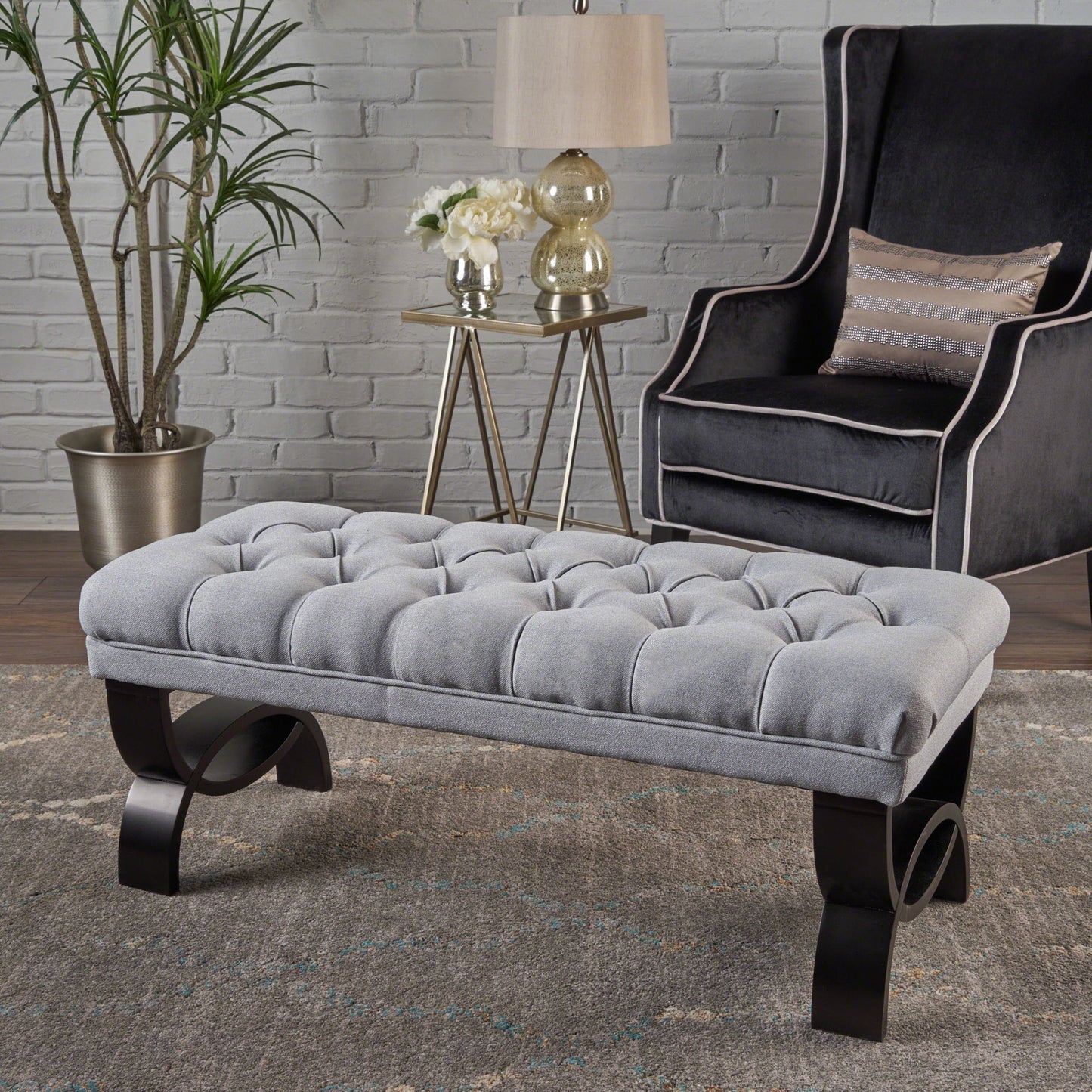 Hilton - Ottoman Bench With Classic Button Tufting - Light Gray