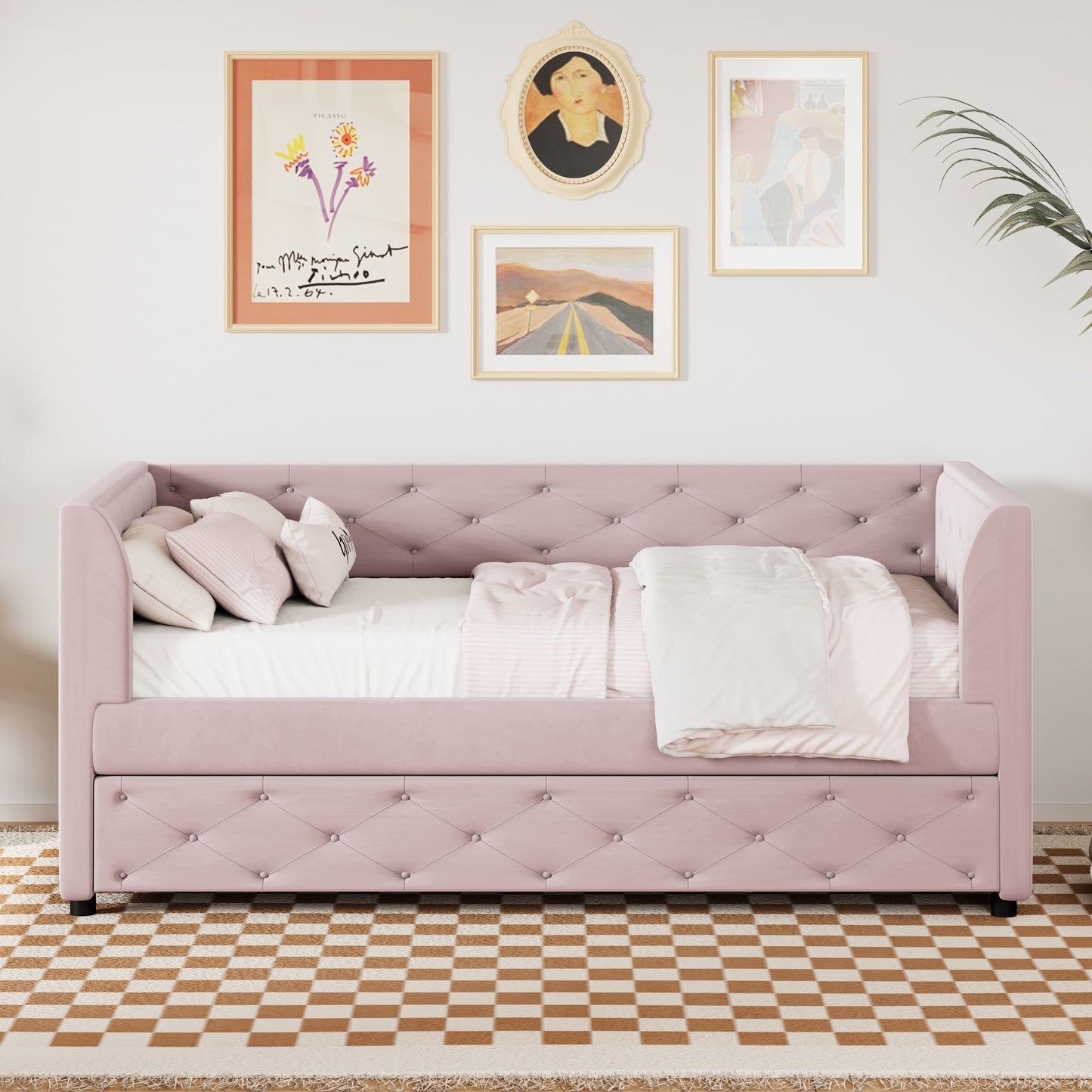 Twin Size Upholstered Tufted Daybed With Trundle - Pink