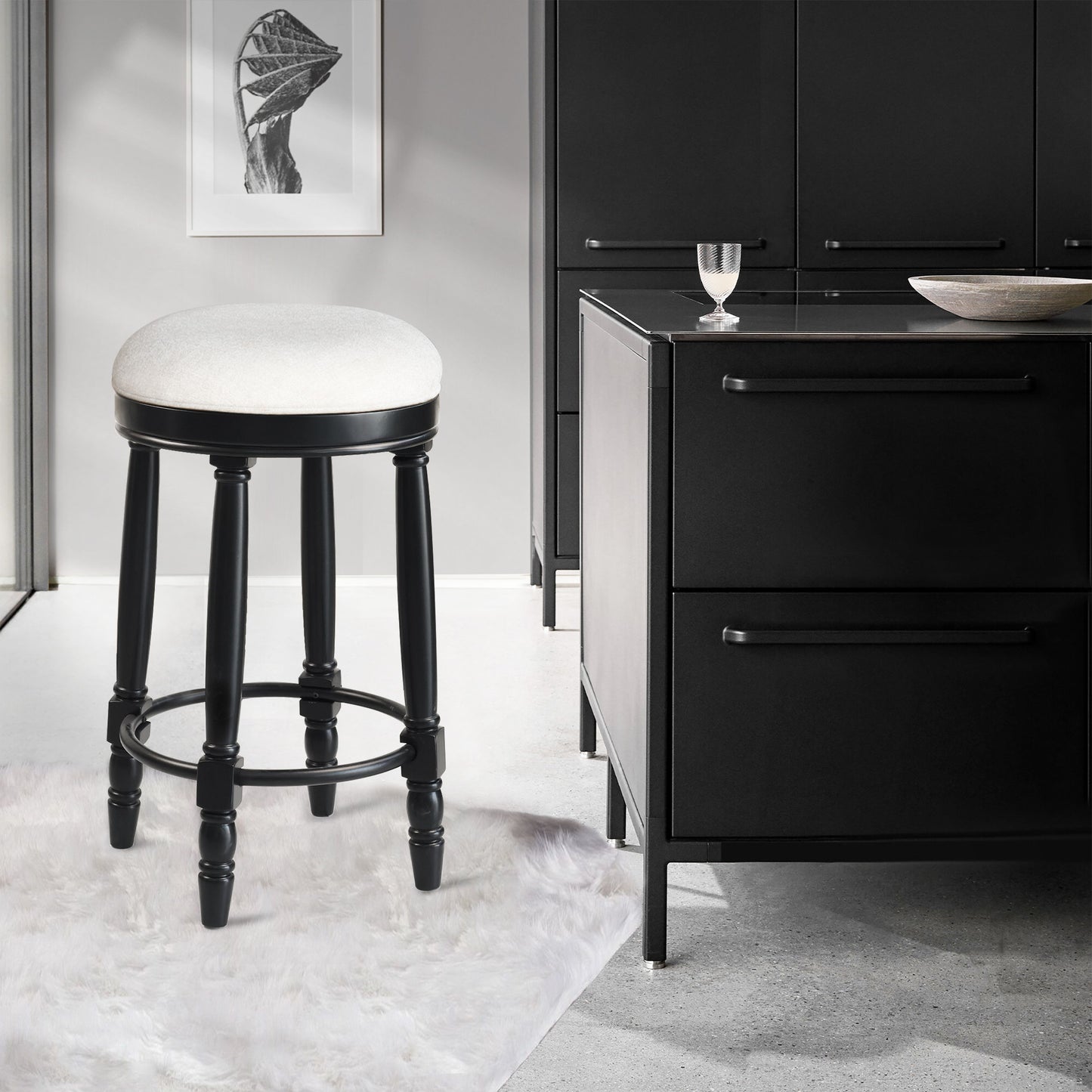 360ÔøΩÔøΩ Swivel Wooden Barstools, 26" Counter Height (Set of 2) With Fabric Upholstered Seat - Black