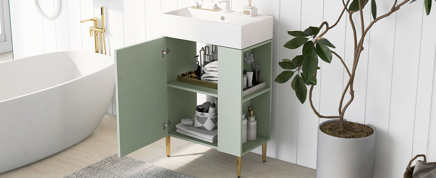 Bathroom Vanity, Combo Cabinet, Bathroom Storage Cabinet, Single Ceramic Sink, Right Side Storage - Green