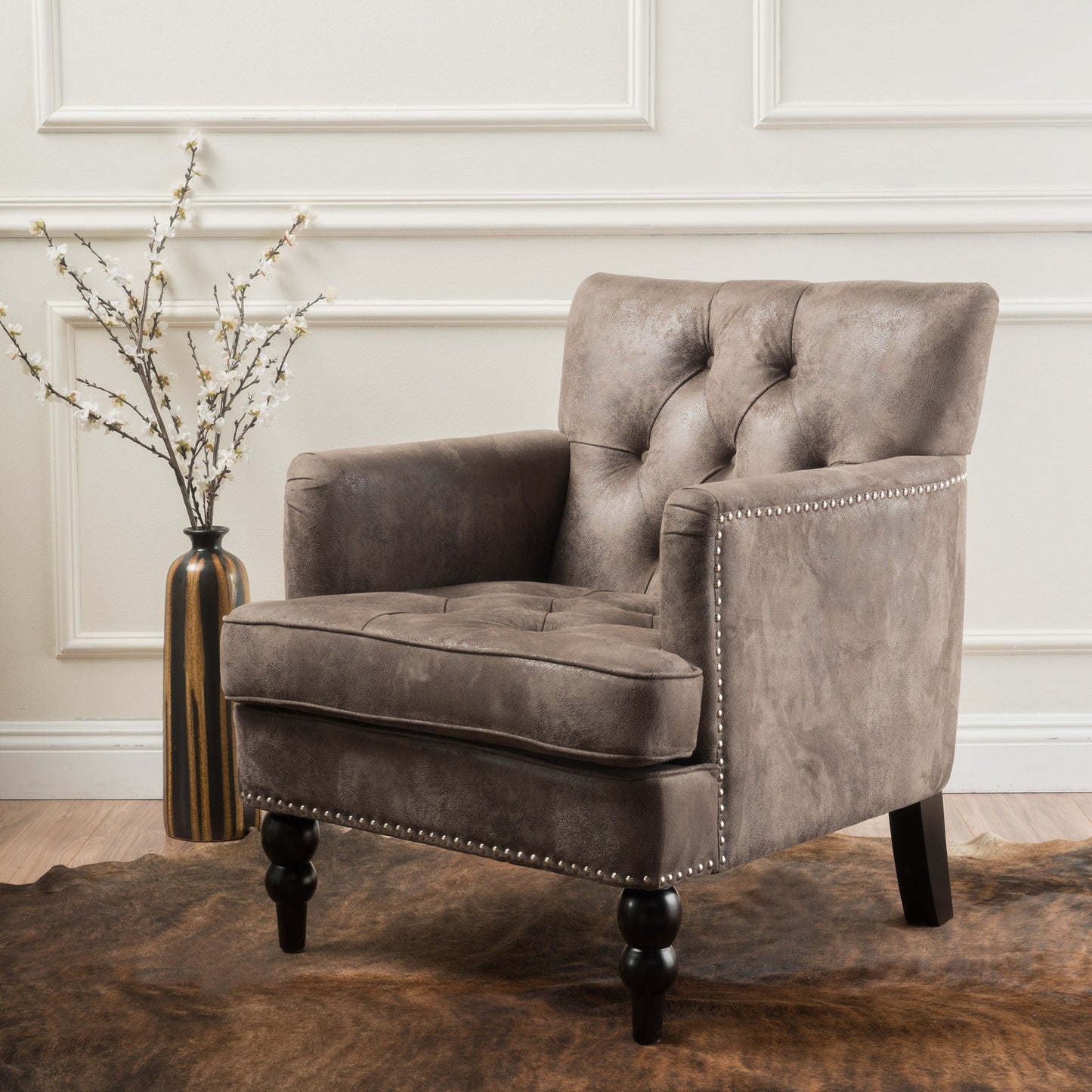 Vitality - Club Chair With Button Tufted Diamond Stitching And Turned Legs - Brown / Gray