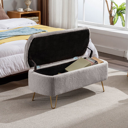 Storage Ottoman Bench For End Of Bed Gold Legs, Modern Gray Faux Fur Entryway Bench Upholstered Padded With Storage For Living Room Bedroom - Gray