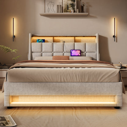Full Size Upholstered Platform Bed With A Hydraulic Storage System, LED And USB Charging (Without Mattress) - Natural