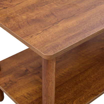 Modern 2 Tier Coffee Table For Living Room Furniture, Rectangular Center Table With Open Storage Shelf, Rounded Rubberwood Legs - Walnut Brown
