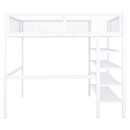 Full Size Loft Bed With 4 Tier Shelves And Storage - White