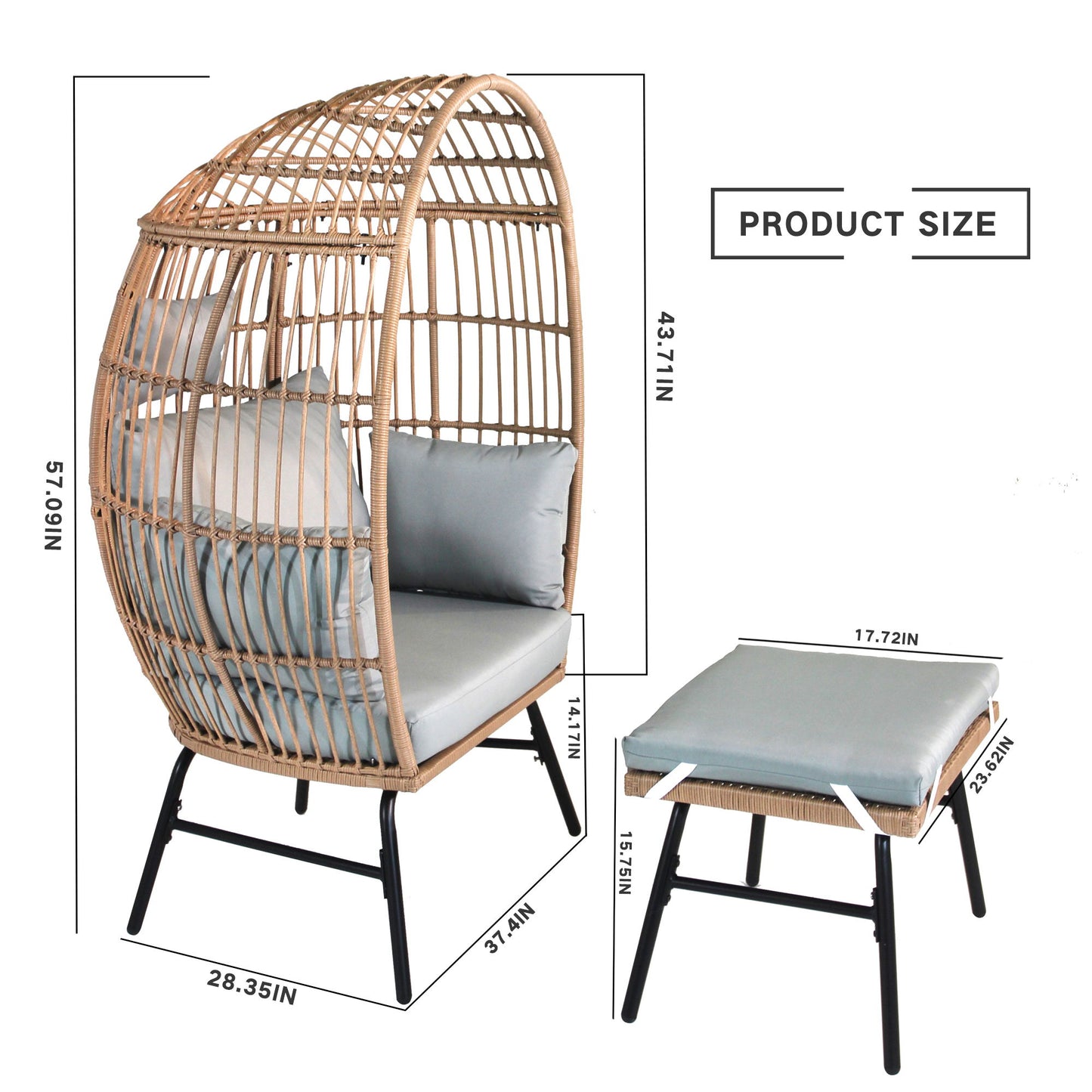 Outdoor Garden Wicker Egg Chair And Footstool Patio Chaise, With Cushions, Outdoor Indoor Basket Chair - Blue / Neutral