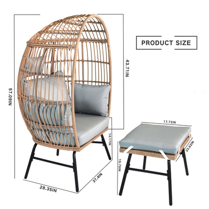 Outdoor Garden Wicker Egg Chair And Footstool Patio Chaise, With Cushions, Outdoor Indoor Basket Chair - Blue / Neutral