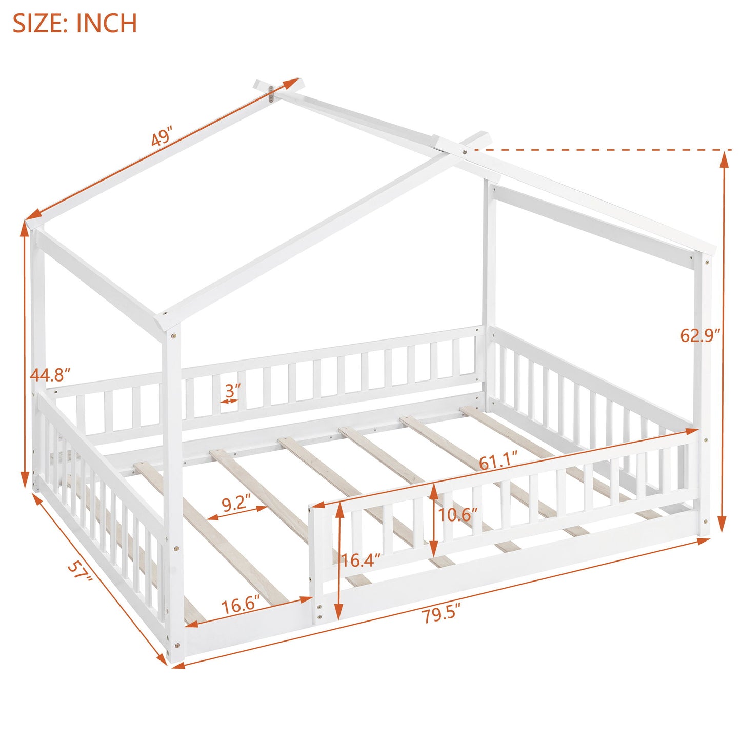Full Size Bed House Bed Frame & Fence - White