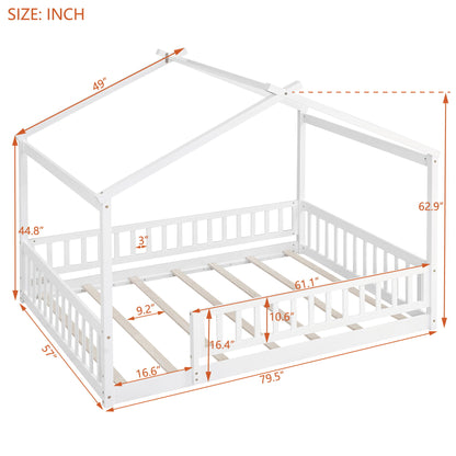 Full Size Bed House Bed Frame & Fence - White