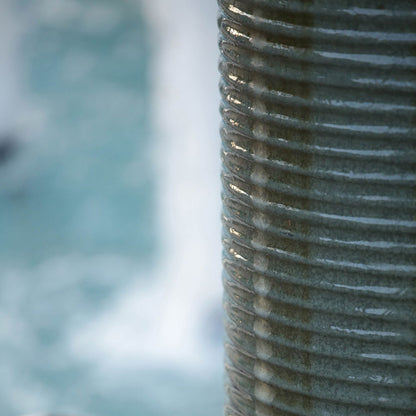 Large Concrete Cylinder Ribbed Water Fountain, Outdoor Bird Feeder / Bath Fountain, Modern Industrial Style - Antique Green / Brown