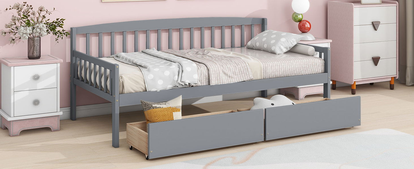 Twin Size Pine Wood Daybed With Two Storage Drawers, Sofa Bed With Bed Platform Of 10 Support Slats - Gray
