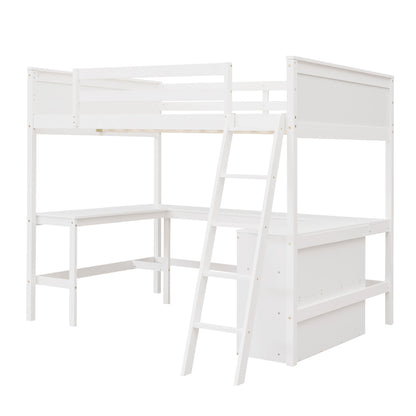 Full Size Loft Bed With Shelves With Desk - White