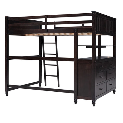 Full Size Loft Bed With Drawers And Desk With Shelves - Espresso